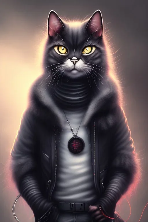 scary cat, long fur, soft, cute, black, Cyberpunk, city