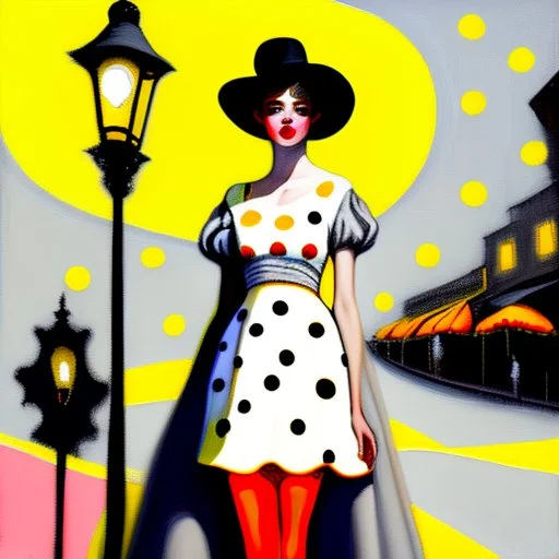 Whimsical and crazy painting of a full body young woman in a soft and dreamy style. The figure standing in the boulevard under a gas lamp shining a pale yellow light is shown in shades of gray and white, with red and yellow dots for emphasis. She wears a flowing black muslin dress and a black wide-brimmed hat, which gives her a graceful and elegant look. The background is abstract, with dull tones that blend together to create a misty atmosphere. Large, stylish red flowers frame the scene, with