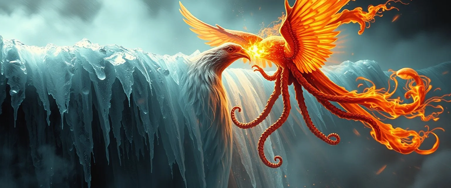 fire smoke and fog and light rays, phoenix jellyfish octopus bird witch in chrome reflective icy waterfall looks beyond really powerful slapping a bird in the face with fire, fantasy illustration, in the style of Rembrandt, planetary saturn motion blurred background
