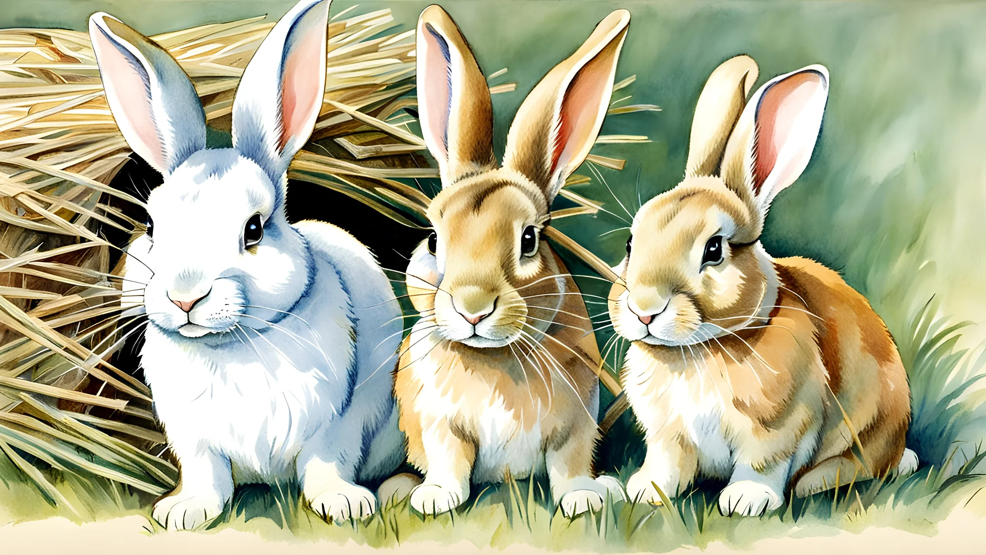 illustration of three rabbits chewing hay, contemporary style of Cicely Mary Barker