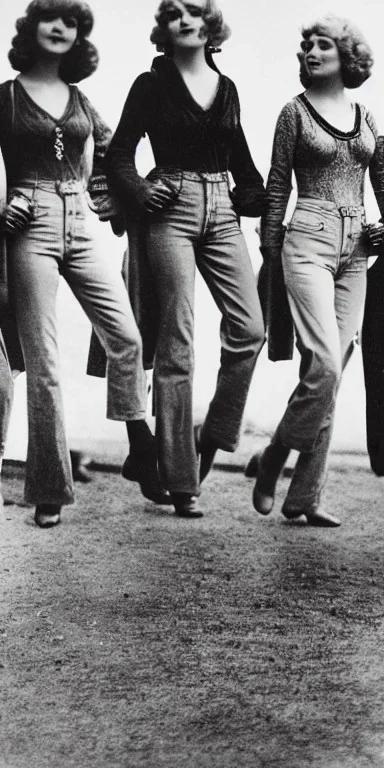 Four Ziegfeld Girls on jeans walking