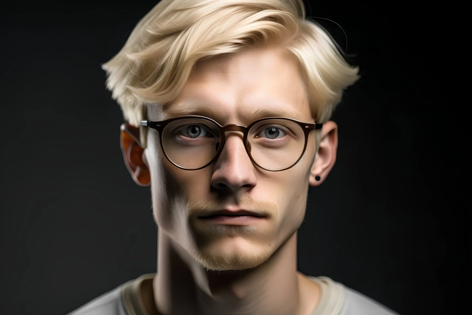 white boy with middle part blonde hair and short hair thick glasses