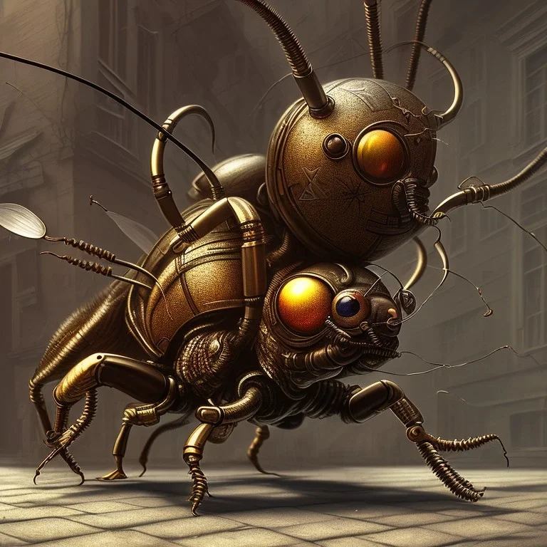 close-up of a insect in a low-light city street, realistic, steampunk, 3d-art, futuristic, close-up