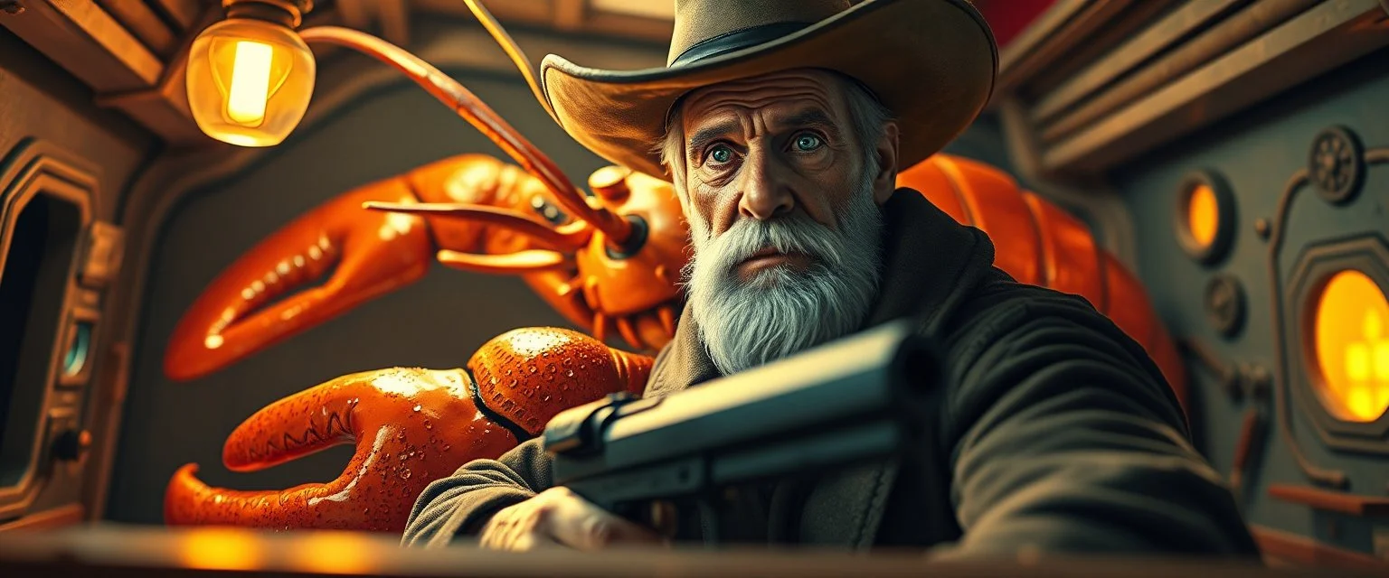 air brush 3d with pen outline,full figure seasoned handsome gunslinger western fluffy elder edgy hero with slightly glowing eyes in front of glistening space lobster dog, shallow depth of field, warm lantern, pin hole cam in doll house space ship, bottom floor board edge border
