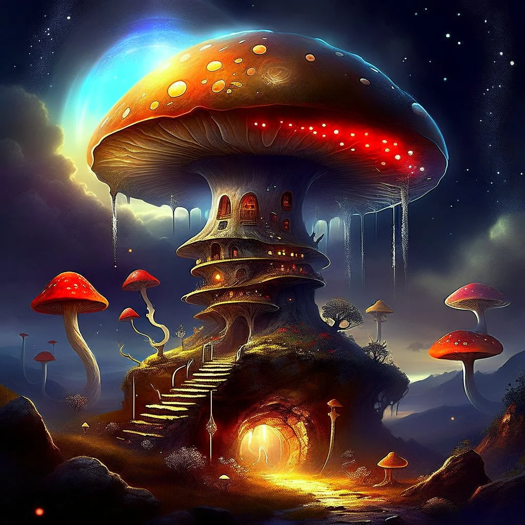 A fantabulous glowing, (((mushroom tower))) erected atop a (grassy cliff), surrounded with imaginative (((spiraling space))), contrasted by the stark hues of a (nebulous space scape), . captured by the hand a skilled master painter with a focus on (softly textured compositions and voluminous lighting).