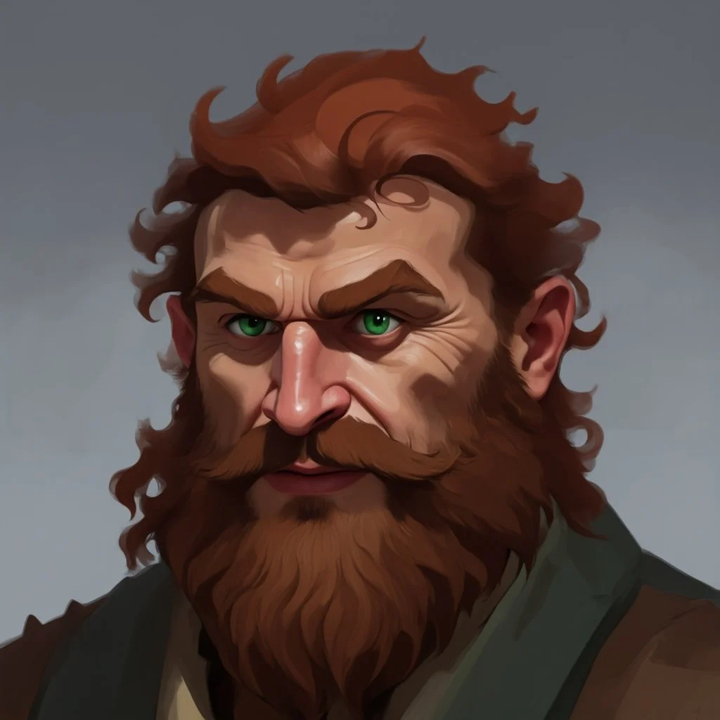 dnd, fantasy, watercolour, stylistic, portrait, illustration, dull colours, male, dwarf, face, bearded, long brows, frugal, weathered face, green eyes, determined, happy, red hair, very long hair streaming down the shoulders, radiating light, five o'clock shadow, softer facial features, dignified