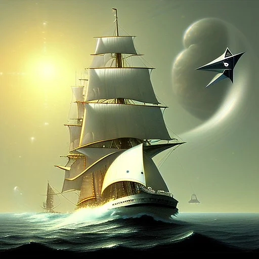 Clipper ship under full sail with alien spaceship above