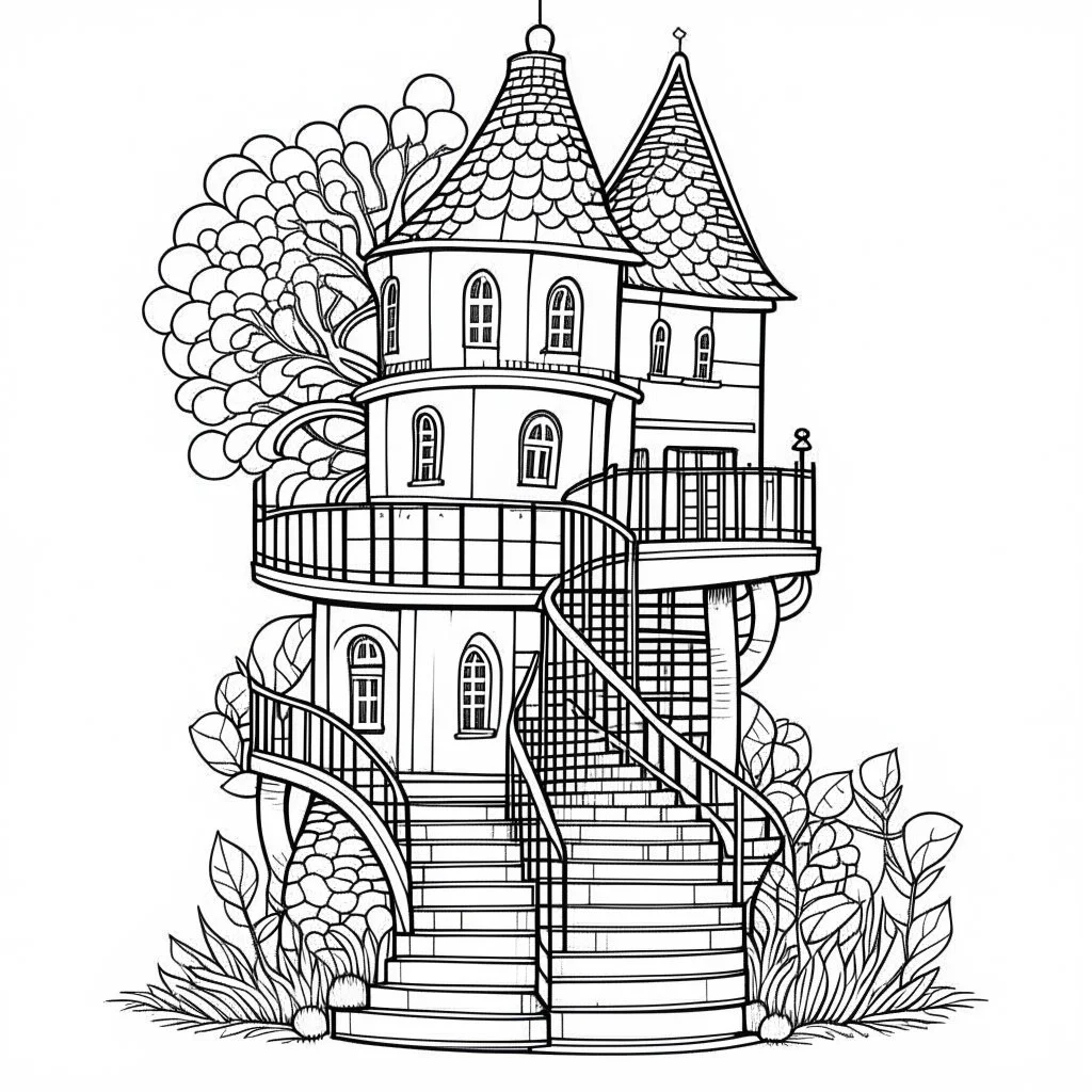 A fairy house with a spiral staircase and a balcony, exact shape, real image, minimal lines, white back ground color, real style, realistic, minimalistic, minimal black line art, line art, crisp line art, unique coloring sheet, outlined, outline, crisp, crisp line edges, illustration, thin lines, crisp clear lines, line art, clean line art, unique, 8k, no colors, no dark color, no black color, avoid thick black, minimalistic line edges, pure white back ground,