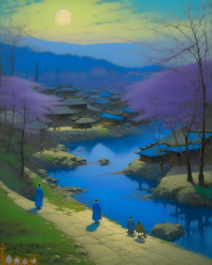 A blue Japanese village near a watery springs painted by Birge Harrison