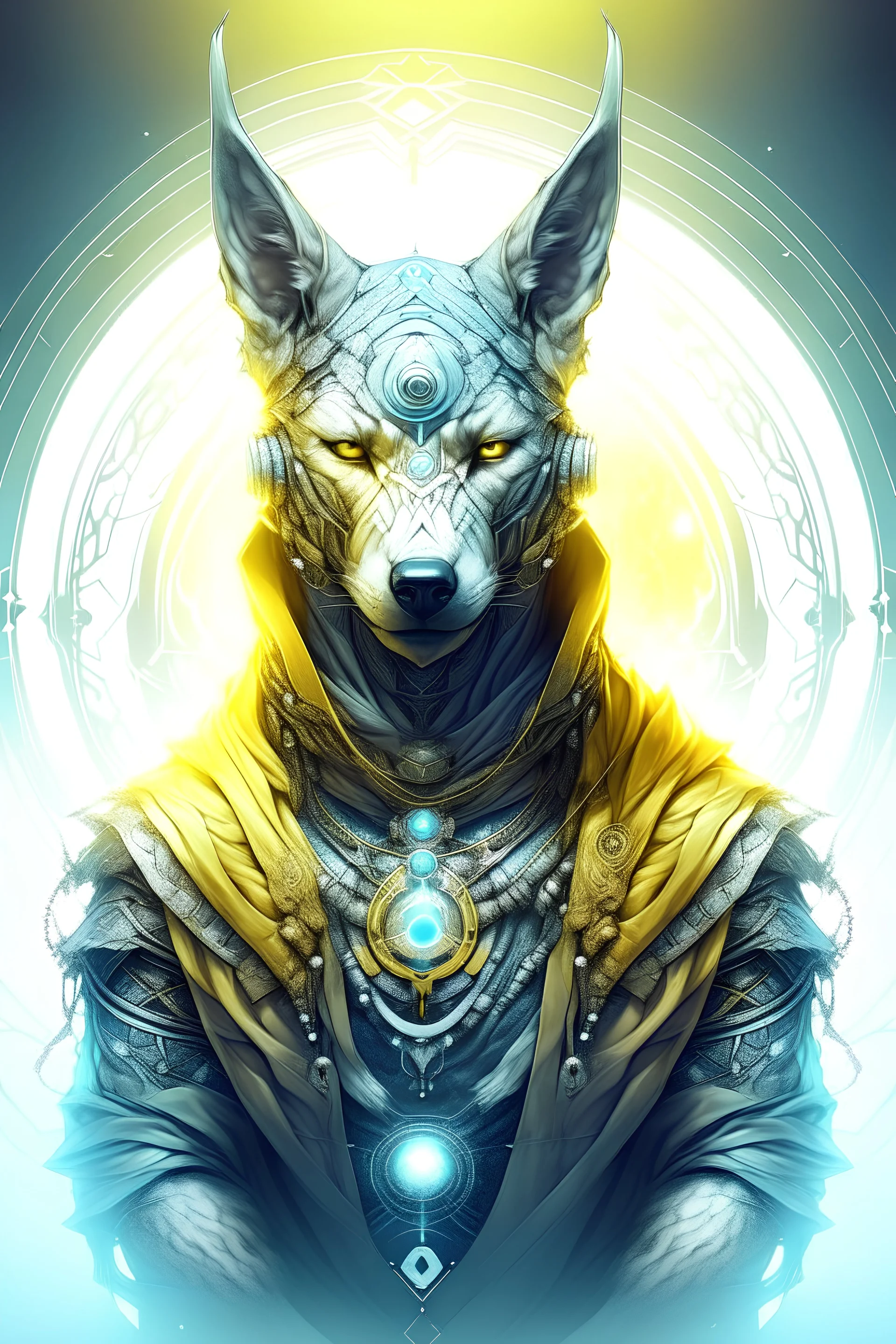 Futuristic deity of man with inner wolf, wisdom of the world, and ambitions