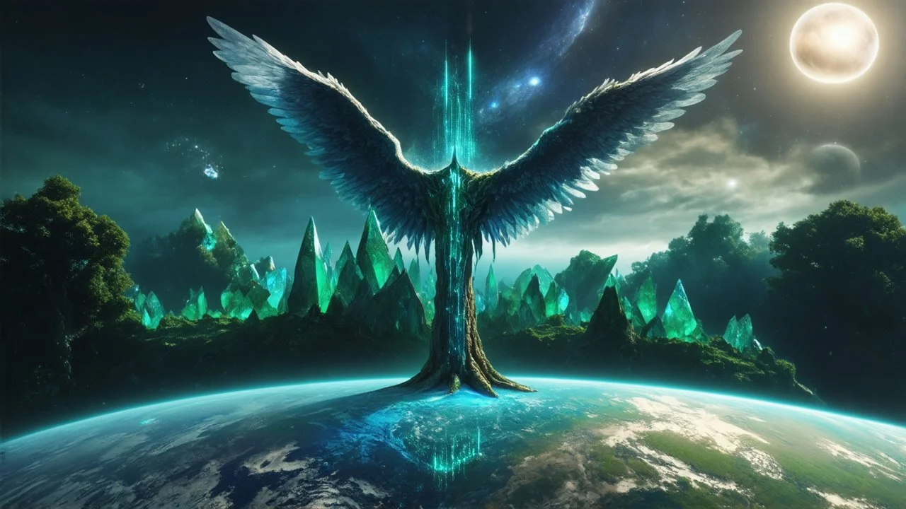 matrix universe, space, planets, god creation, angels from other dimensions with beautiful wings, trees on the planet, behind green crystals of light, few tiberium monolith deposits on the planet near tree,