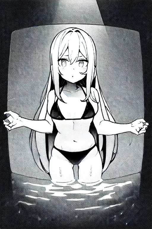 bikini long hair thin girl in abyss pool, greyscale, cool pose, screen tones