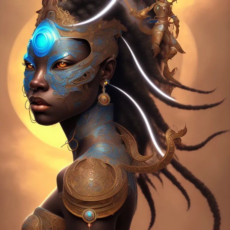 sango fantasy, fantasy magic, intricate, sharp focus, illustration, highly detailed, digital painting, concept art, matte, masterpiece head sexy view black African beauty black afro hair space lady turquoise tiger skin African one head explosion