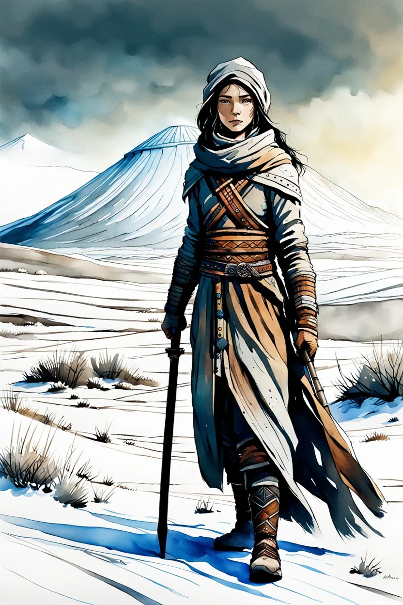 create an ink wash and watercolor, full body, young, otherworldly lost Siberian nomadic female huntress, fantasy art concept character, with highly detailed, sharply lined and deeply weathered facial features, outside her yurt in a desolate tundra steppe landscape , in natural winter tundra colors, 4k