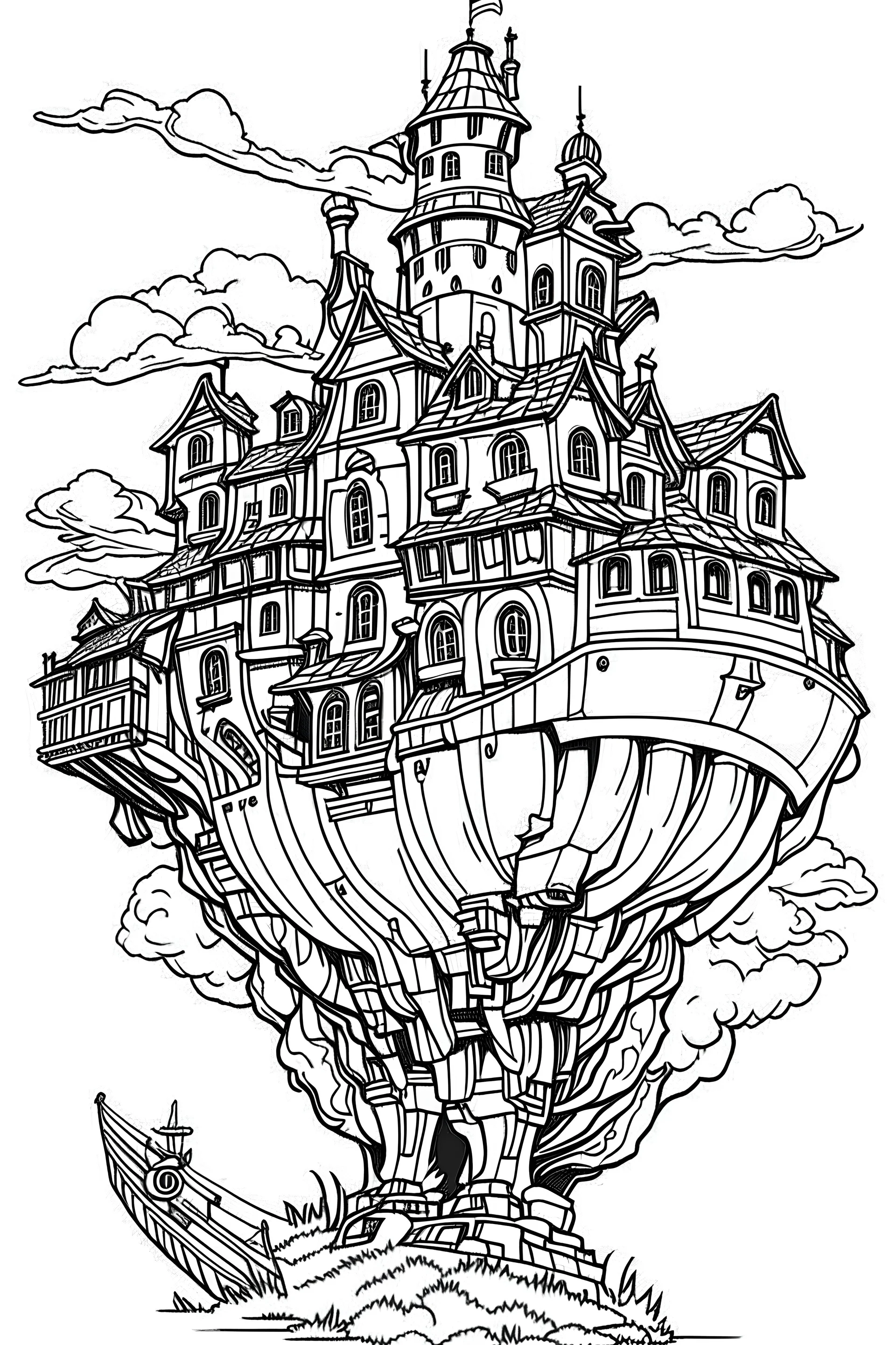 Howl's Moving Castle coloring pages with, white background, full body, only use outline, , clean line art, white background, no shadows and clear and well outlined