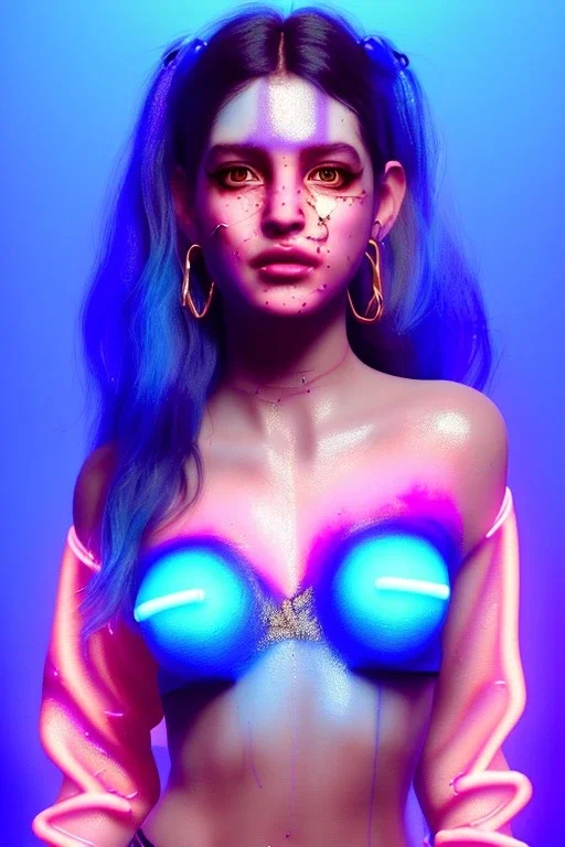 Ultra Realistic image, Rosalía artist, portrait, waist up portrait, black eye line, sweet face, gold pink and blue geisha style, spray line make up, geometric, led lights, neon, rings piercing, led ornament, fog, bubble latex coat, vibrant color, highly detailed, art stations, concept art, smooth, unreal engine 5, god rays, ray tracing, RTX, lumen lighting, ultra detail, volumetric lighting, 3d, finely drawn, high definition, high resolution.