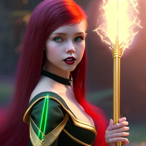 Attractive teenage girl with red hair with golden highlights, who is dressed like a witch casting a spell with a quarterstaff, magic is in the background, green eyes, background is realistic space, goth girl dress, full body portrait, arm colors gradient effect into stars, rendered, unity 3d, unreal engine, dslr, hdr, 4k, edited, photorealistic, normal number of appendages, freckles, artists rendering