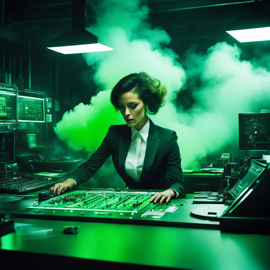 [colour 8k photo] the glamorous female, in the alien laboratory surrounded by greenish radioactive smoke, bends over the desk of the desk employee, lost in the labyrinth of bureaucracy, fills out forms with a mechanical precision of his inner turmoil.. Her presence, a stark contrast to the bureaucratic chaos unfolding around them, offers a glimmer of hope amidst the surreal amalgamation of realities.