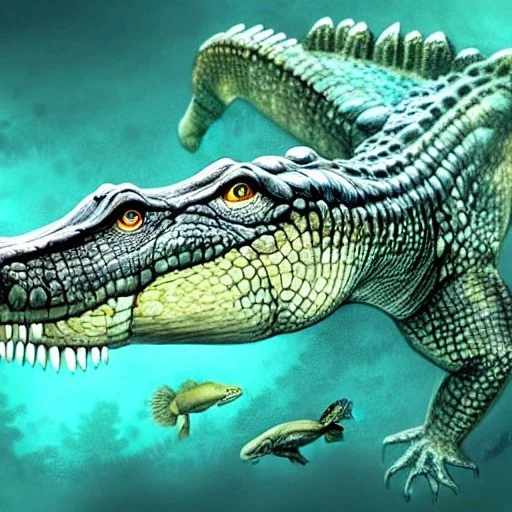 beautiful, stunning paleoart of alligator with fins and fishtail deep underwater, coral reefs, plants, in the style of eleanor kish, davide bonadonna, julius csotony, fabio pastor, wide field of view, Masosaurus, Jurassic Park photorealistic, illustrative, digital art, 8k resolution, detailed matte, painting, artwork, deviantart