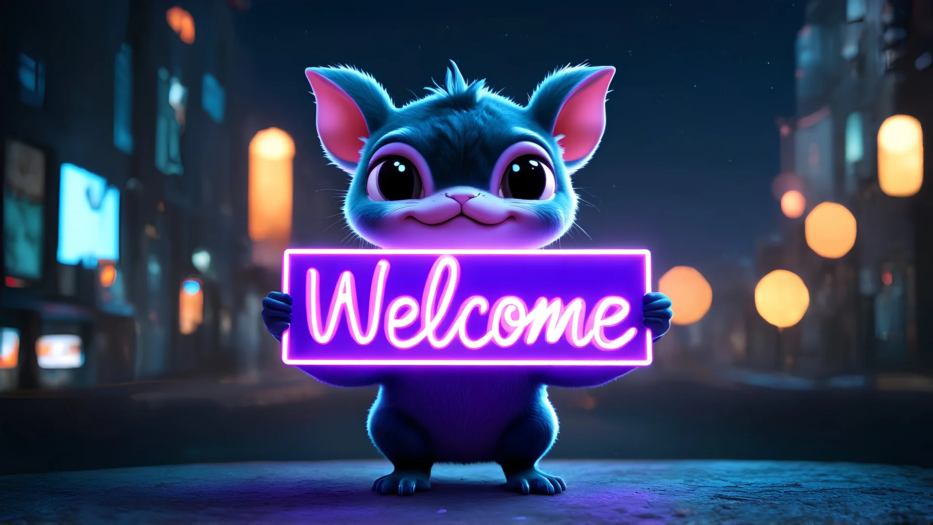 a cute magical creature holding a purple neon sign that says "Welcome", cinematic, dark colors, a city in the background, bokeh, Unreal Engine