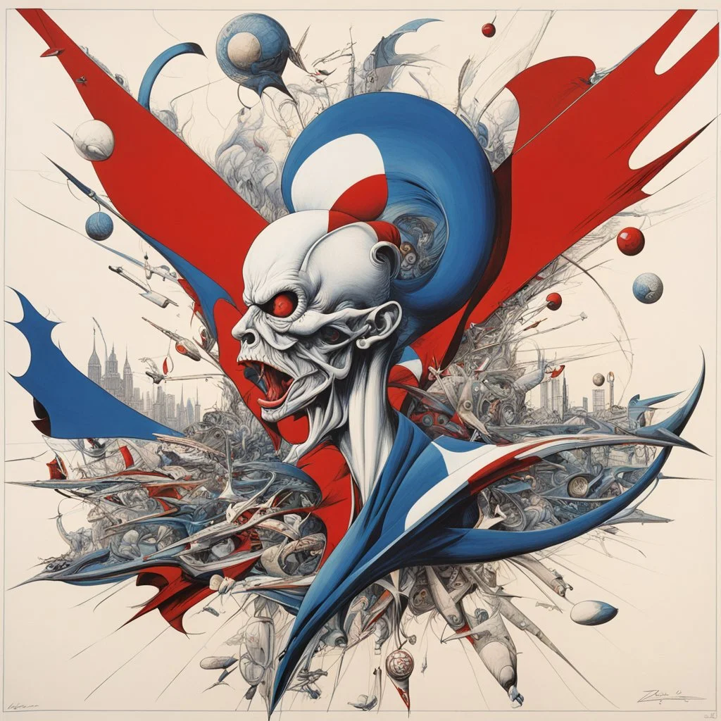 zero sum game creative destruction, asymmetrical surrealism, dramatic distressing, by Gerald Scarfe, by Lee Brown Coye, red and white and blue tri color scheme, illusion of time and gravity.