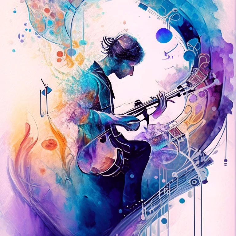 create a watercolour painting ,In this artwork, a musician addicted to a mystical substance is shown playing a magical instrument. Each note and melody produced sends ripples through the air, creating visual representations of the various fantasy worlds the musician is exploring in their mind. The music acts as a gateway to these other dimensions, and the addiction is symbolized by the musician's dependence on the substance to access their extraordinary musical abilities.