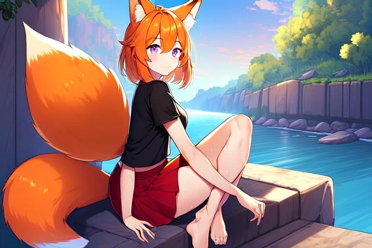 Girl, fox ears, one big fox tail, orange hair, red skirt, river, fox foot , sit on the shore, purple fox eyes, black T-shirt, wet, happy,