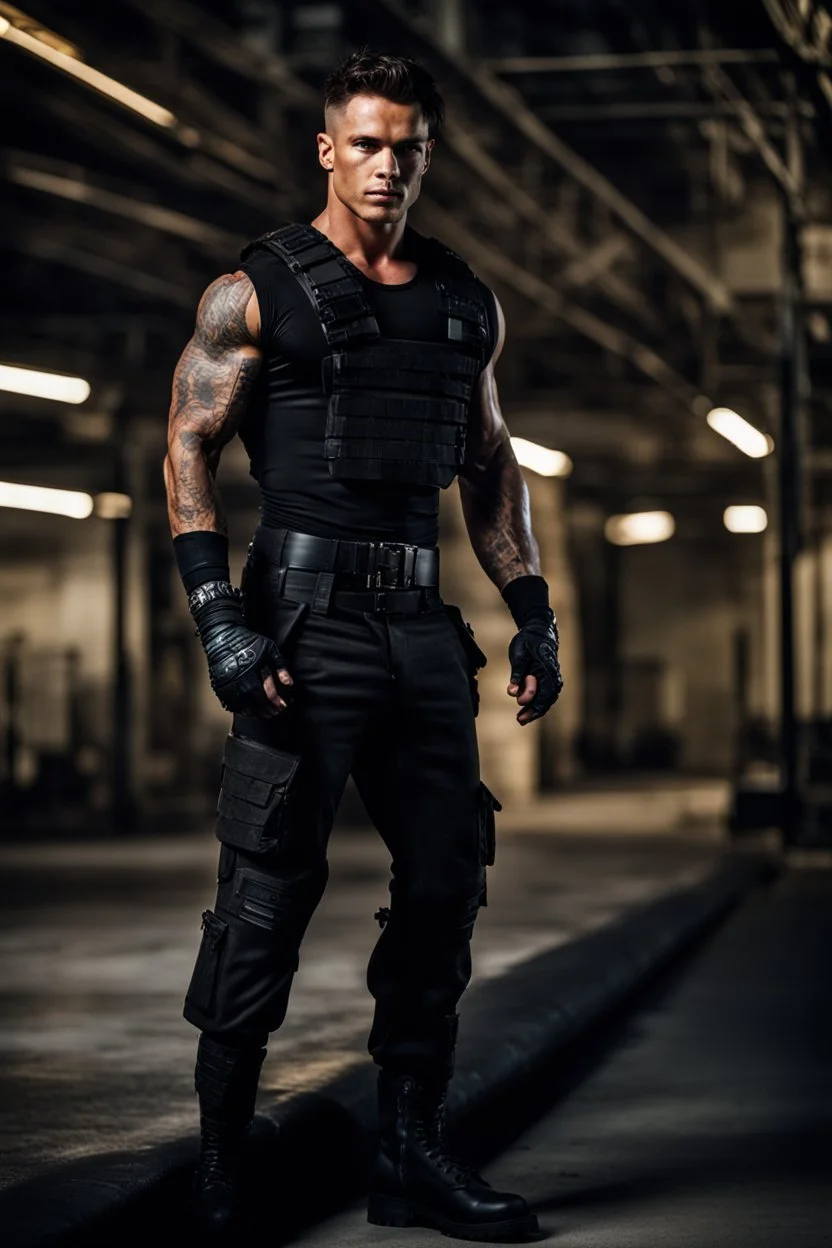 Handsome muscular male, His eyes are dark brown, almost black. His hair is a dark chocolate brown. It covers his shoulders, his chest is covered in tattoos and scars. he is wearing black combat trousers and heavy boots