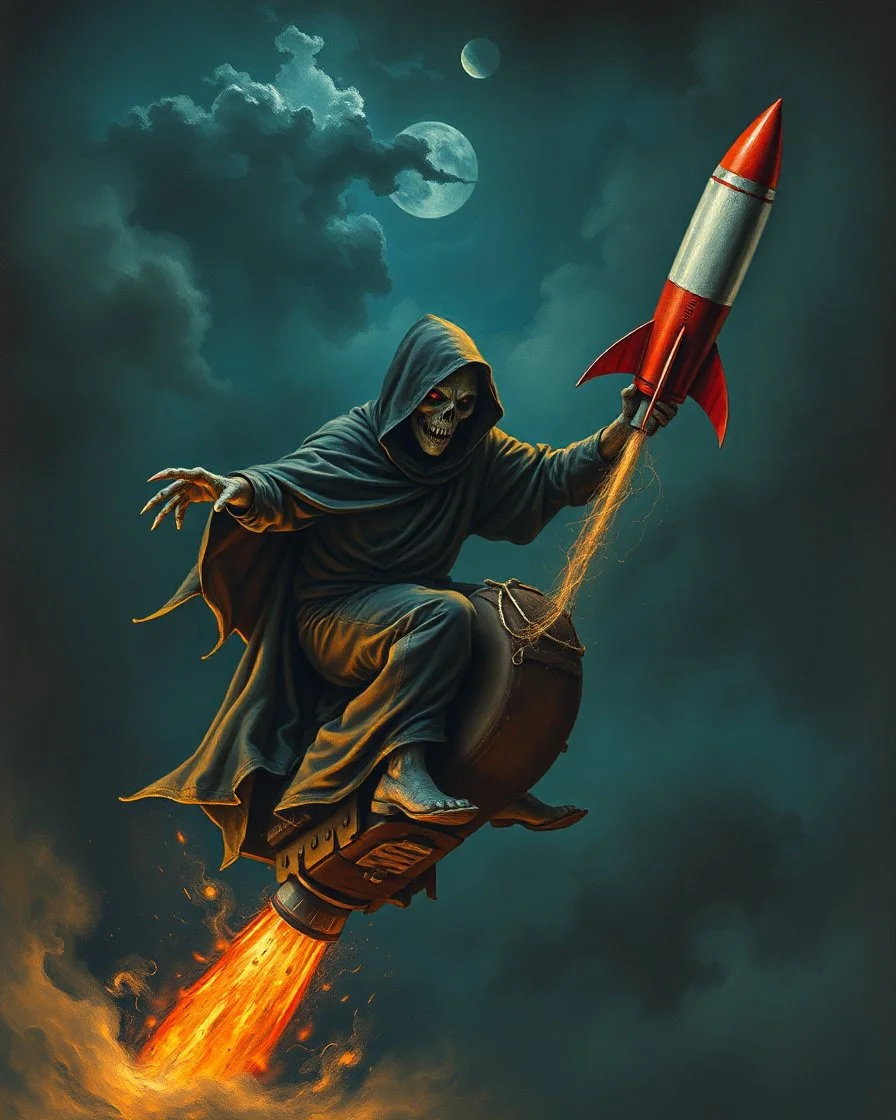 Bosch painting style ,nightmare, Scary hooded creature riding and holding with both hand a rocket dropped from the sky as seen on twilight’s zone