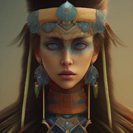 war painted pueblo Indian female,detailed eyes, blue eyes,, disturbed expression.intricate detaile,thnically accurate face, intricate head dress,detailed turquoise jewelry, detailed hair, detailed feathers, use dynamic palette, accurate proportions, high contrast black smokey bokeh background.studio ghibli,andrea bonelli,Kilian Eng,Ohrai, korra character, style.