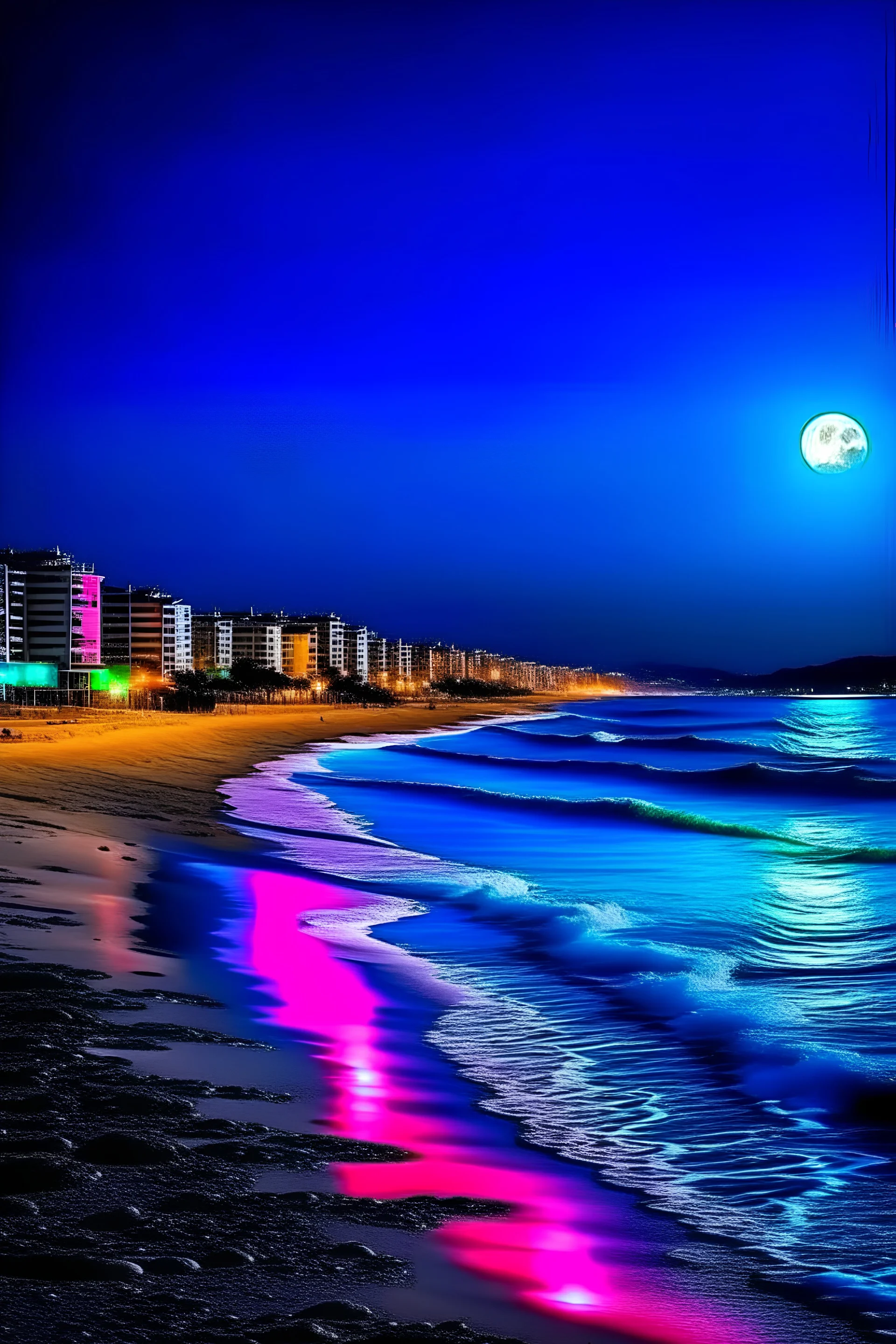 Vibrant colors moon beach bright light seaside city in the distance