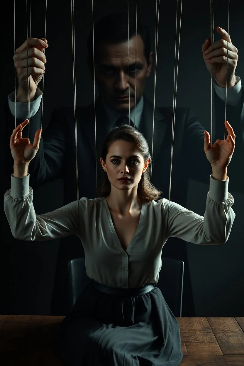 a digital image of a woman seated on a table, she is connected to string like a puppet, arms in air, moved by the strings, puppet like features in the face, beautiful face, behind her is a huge image of a man holding the strings, creepy character,.zoomed in, dark and shadowy background with selective lighting on the woman