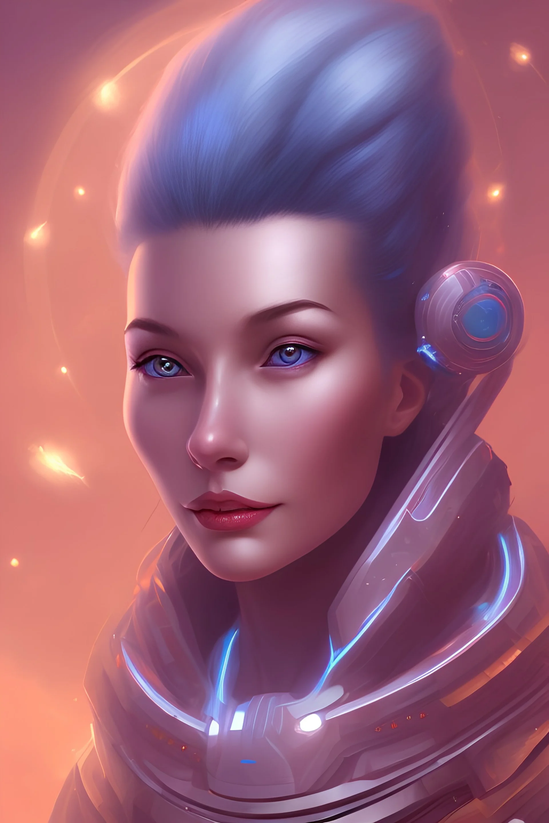 Portrait, young woman cosmic admiral from the future, one fine whole face, large cosmic forehead, crystalline skin , expressive blue eyes, blue hair, smiling lips, very nice smile, costume pleiadian ,sourire