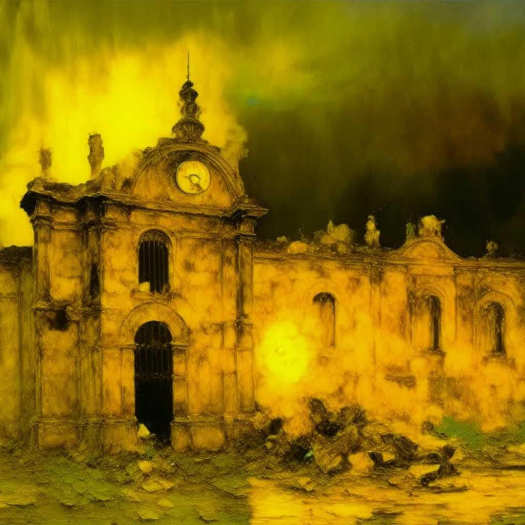 A yellow glowing ruins with clocks in a thunderstorm painted by Claude Monet