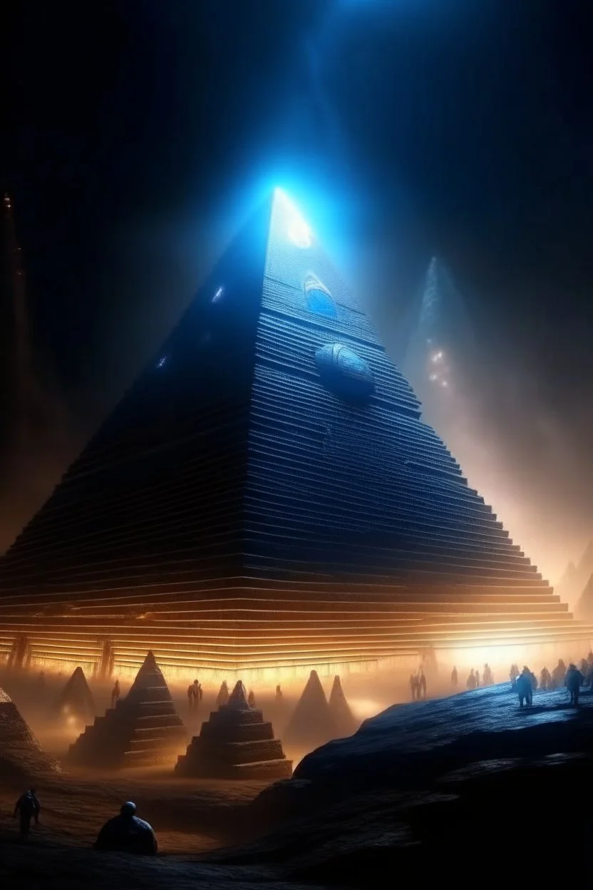 simulacra in front of pyramid of Babel. 4 k, down light, depth of field, trending art, spray paint, high detail, fantasy art, alien connection, future tech