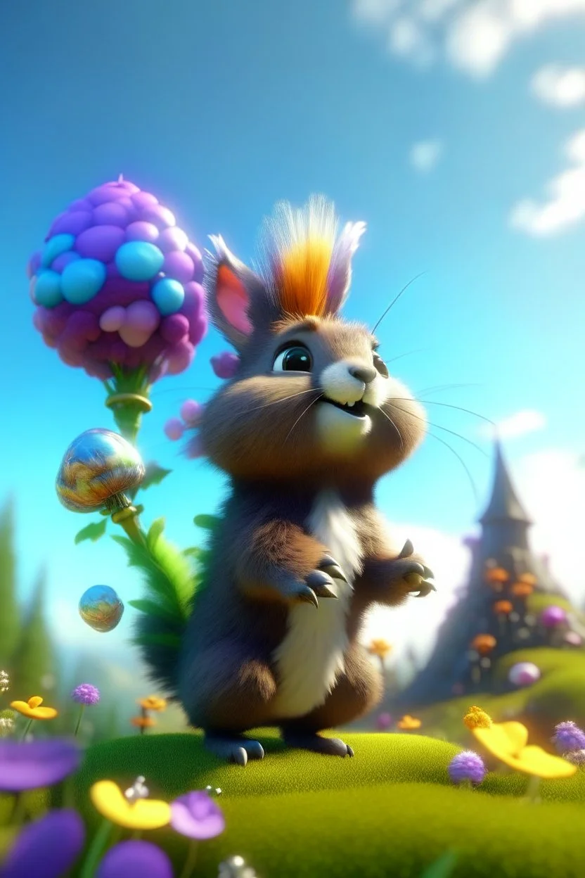 plexi glass tower, portrait of a cute fluffy wolly squirrel with an open parachute holding weird flowers in the style of pixar, on a strange planet with weird colors and wind turbines, bokeh like f/0.8, tilt-shift lens 8k, high detail, smooth render, down-light, unreal engine, prize winning