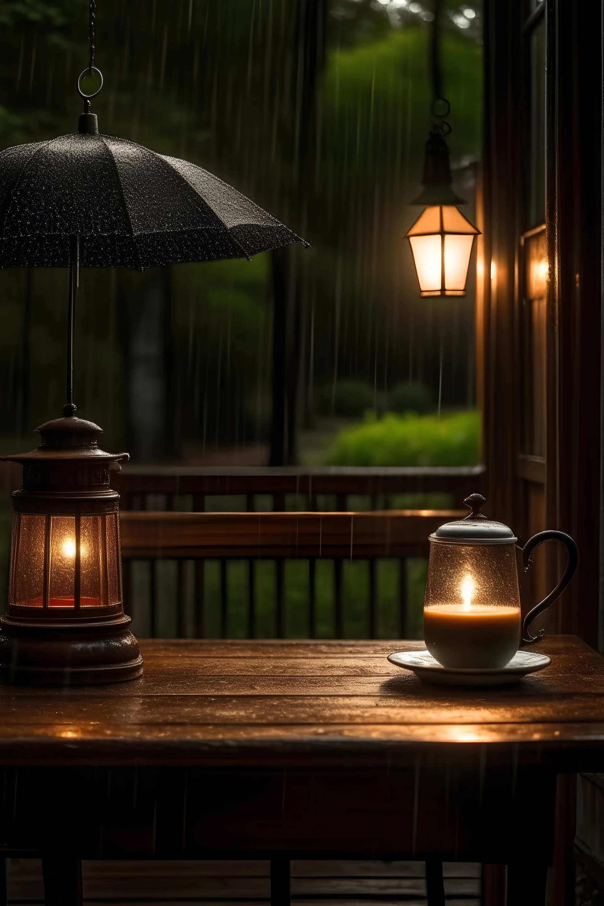 coffee on table and its raining heavily outisde, trees and old lamp