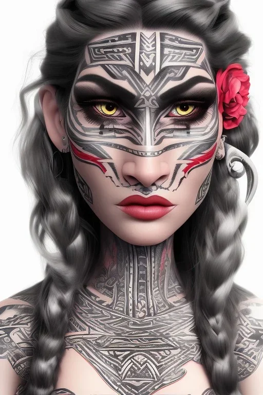  Portrait female Maori Chief colored accents iron maiden Maori tribal tattoos, bow with arrows, full detail, 4k, style of Cosmopolitan