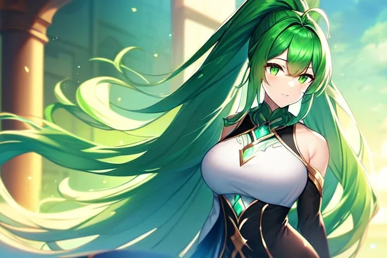 girl, masterpiece, best quality, volumetric lighting, detailed outfit, perfect eyes, long hair, green hair, green eyes, ponytail,