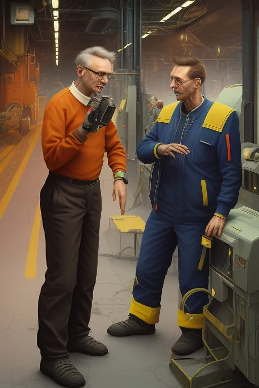 2 men arguing in factory Simon Stålenhag cartoon style