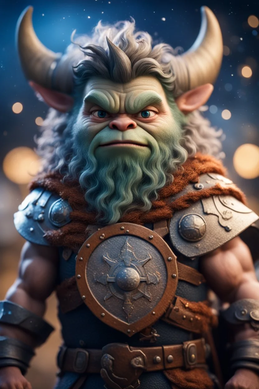 epic hero elven gremlin viking with wild hair, short ears, and big holy ornamented shield Under stjerners gnist Vi går som ett, vår tro et løfte ,bokeh like f/0.8, tilt-shift lens 8k, high detail, smooth render, down-light, unreal engine, prize winning