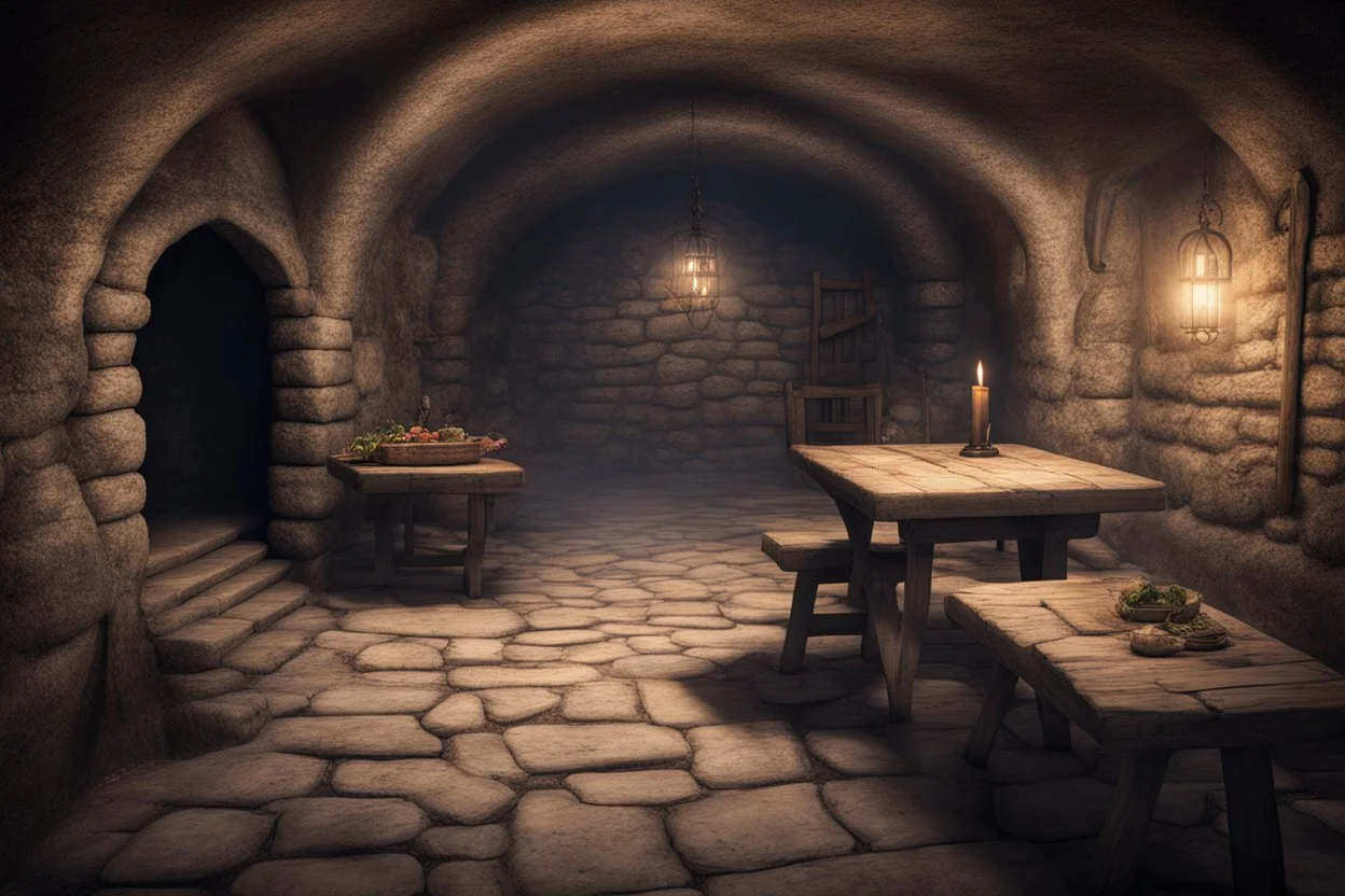 fantasy medieval underground cellar with table