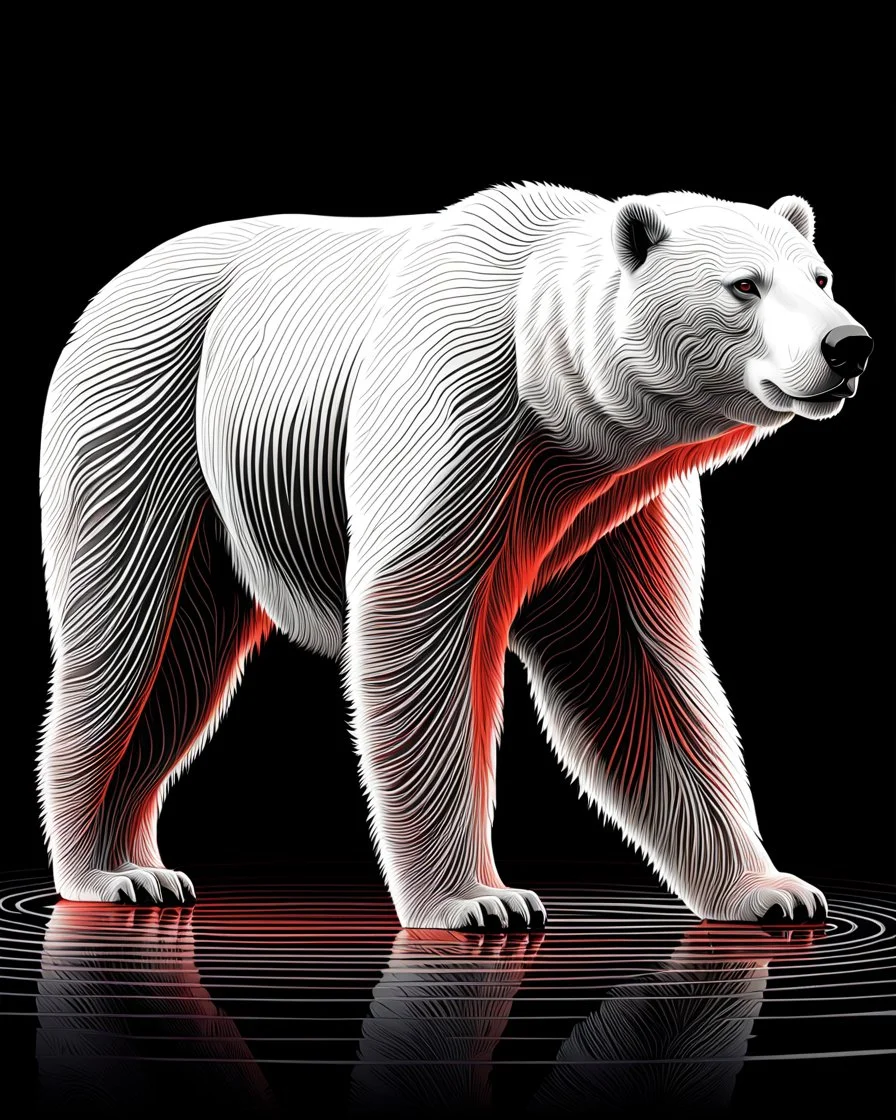 Art illustration lineal polar bear, art calidad ultra, hiperdetallado, 12k, fondo negro, color blanco, rojo, negro y marrón full body