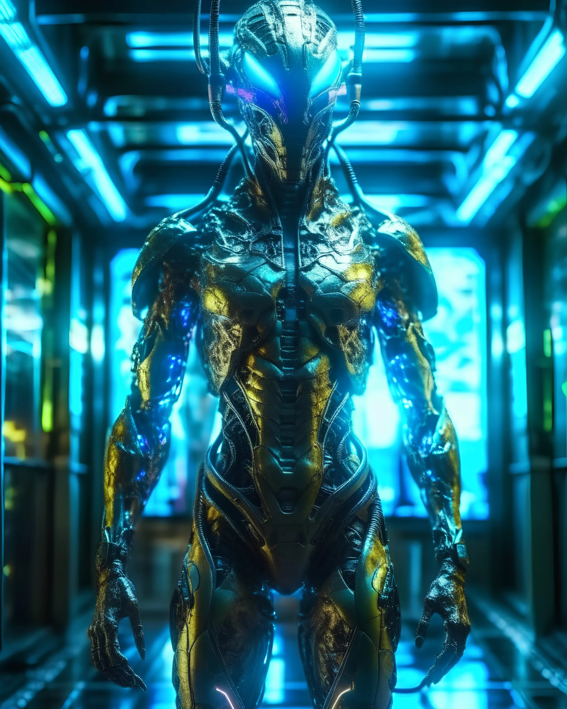 Length image full body photography Faced image Ultra-detailed benevolent cyborg in a spaceship, with anthropomorphic cybernetic Dragon elements on metal armor, neon lights reflections, reflection mapping, intricate design and details, dramatic lighting, Cinematic lighting, Volumetric lighting, Epic composition, Photorealism, Bokeh blur, Very high detail, Sony Alpha α7iv, ISO1900, Character design, Unreal Engine, Octane render, HDR, Subsurface scattering