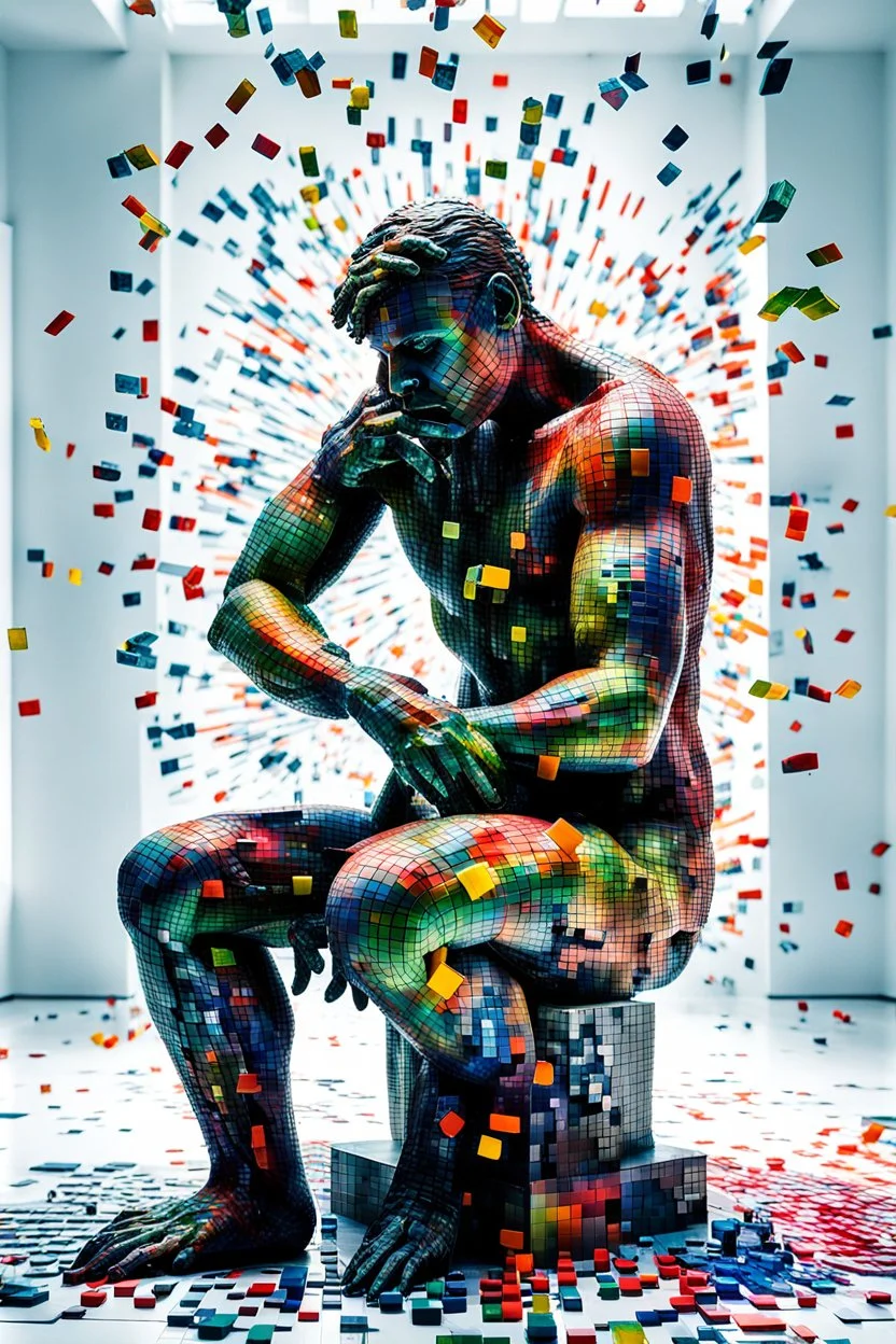 Artistic photo in the audacius style of Jill Greenberg, upclose striking image about "The Thinker statue", the statue as main focus in a white room with his body covered in movie scene shadows playing on the body about news and movie scenes. Exploding into the air are colourful matrix data and virtual numbers, on the floor are broken pieces of statue, questioning the role of deep thought in an increasingly digital and disconnected world, , extravagant, barroque escene