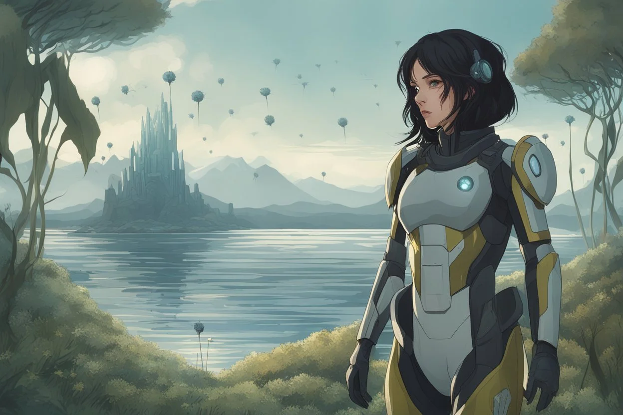 young woman in an android suit with dark hair, standing on the shore of an alien sea. Floating forests with dandelion tops in the distance