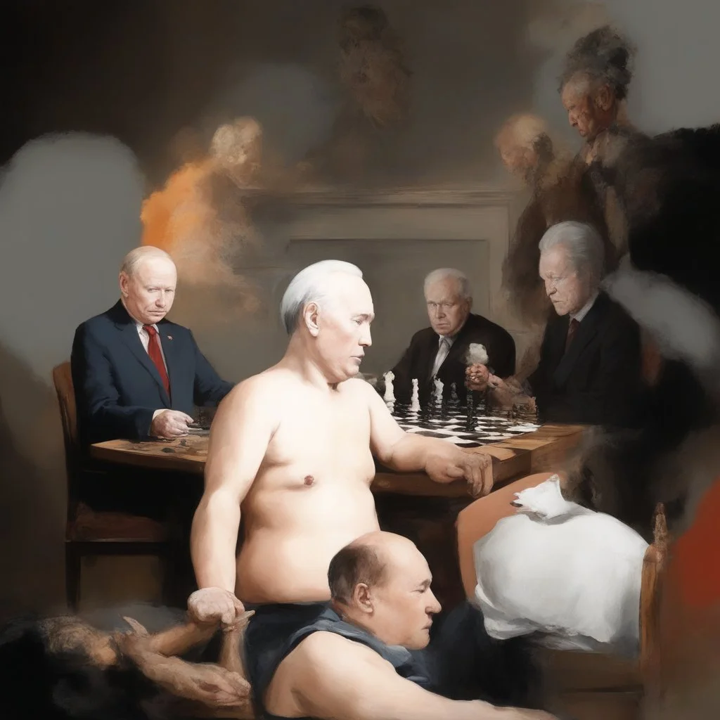 Putin, President Xi Of China And Joe Biden Play Chess With Atomic Bomb Mushroom Cloud,Complex Surgical Instruments Intermixed With A Newborn Boy,Minimalism,Painting By Adrian Ghenie,Rene Magritte,Pablo Picasso,Michelangelo,Salvador Dali,Lucian Freud