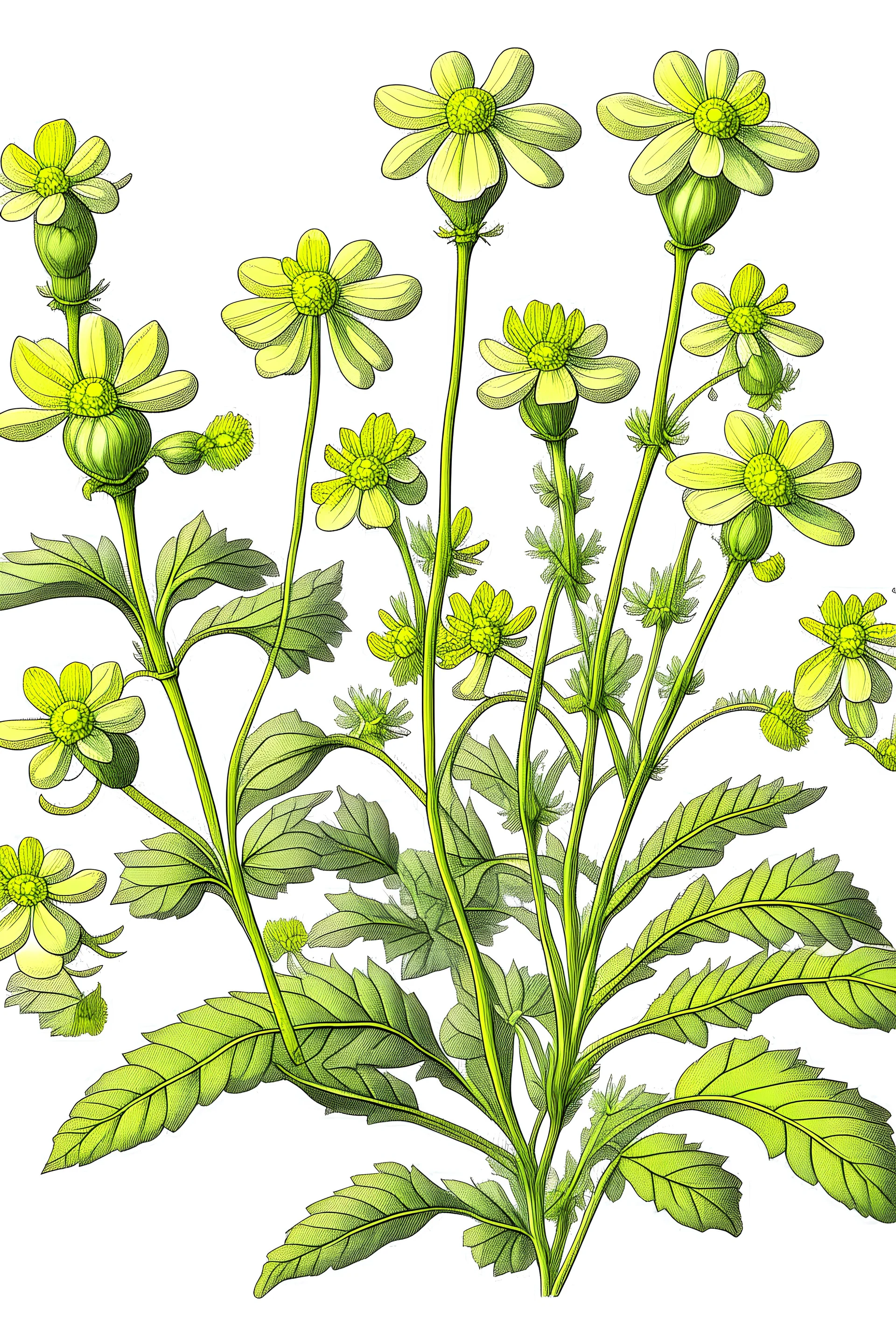 A detailed linear draw of an arabidopsis thaliana with flowers. Whole plant