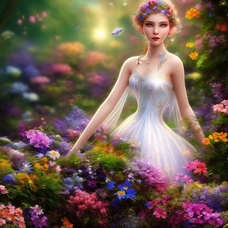 bright fairy, beautiful portrait, flowery landscape