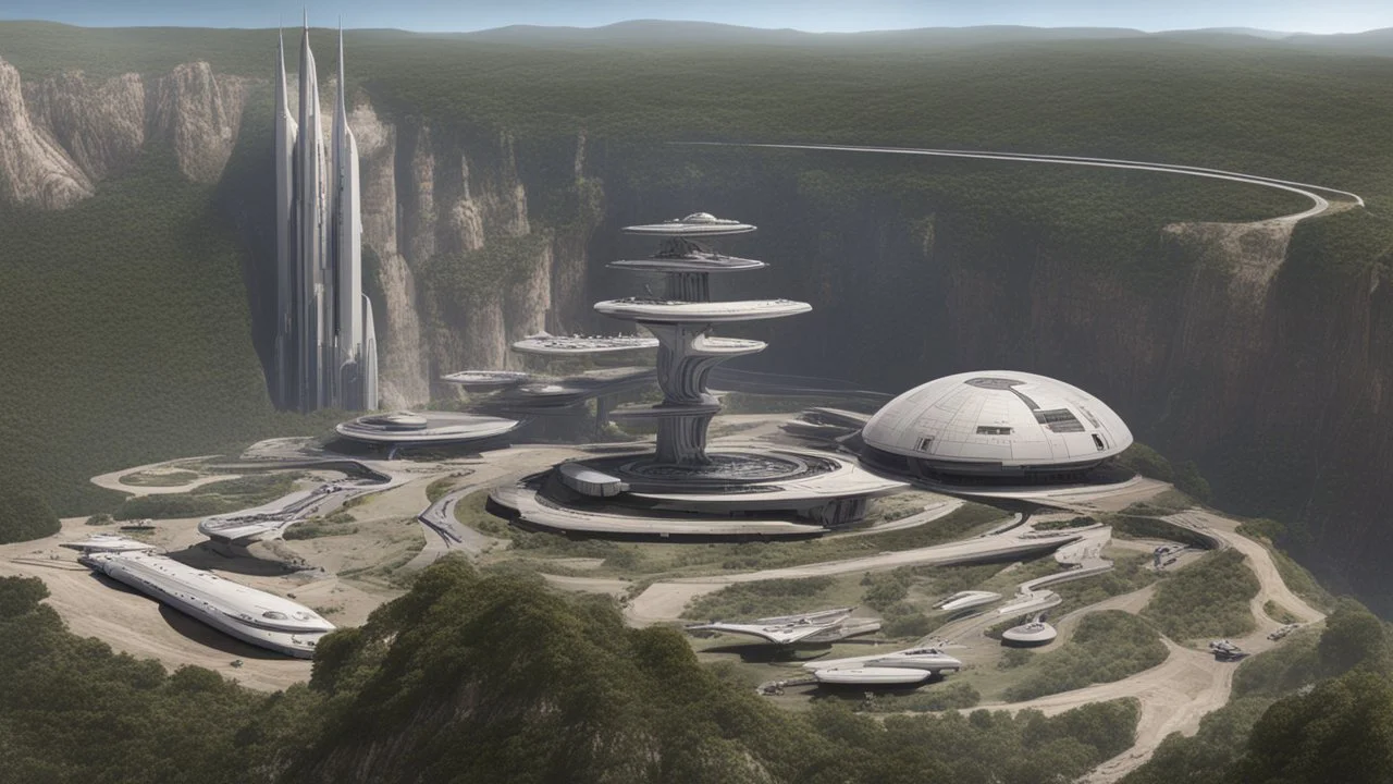 Many spaceliners docked at a huge busy spaceport, with gantries and walkways, setting into the side of a huge cliff, trees, vines and plants, Star Wars, Star Trek